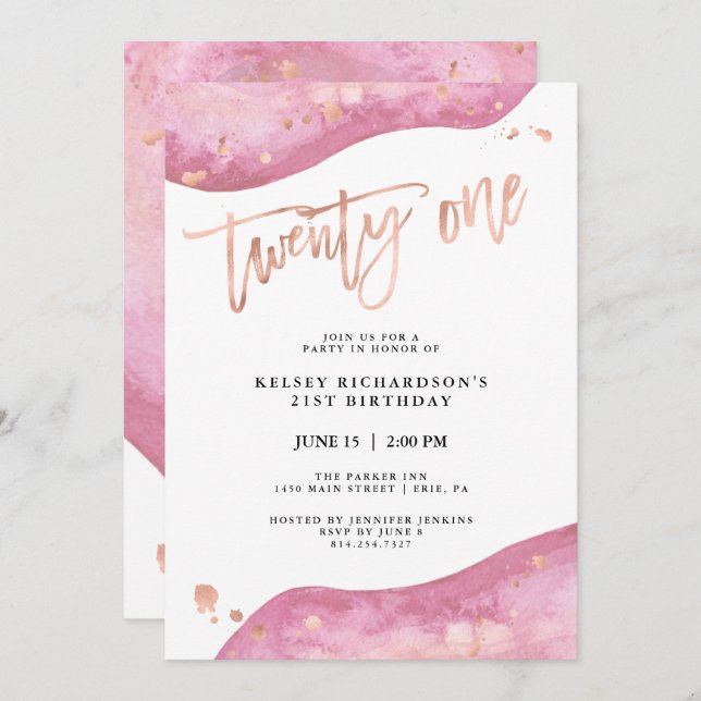 Convites Gode rosa e Rosa de aspecto fino Dourado | anivers (Frente/Verso)