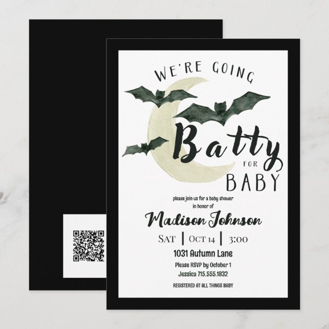 Convites Going Batty For Baby October Baby Shower QR Code (Frente/Verso)