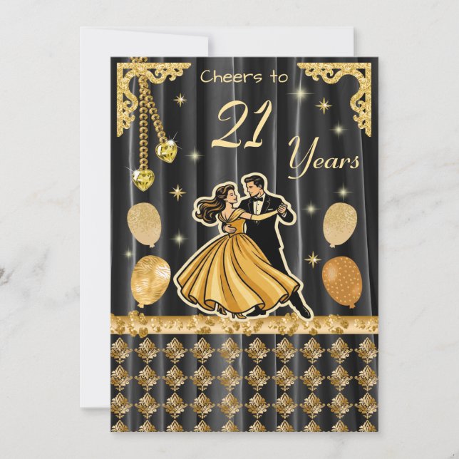 Convites Gold 21st Birthday with Dancing Couple Invitation (Frente)