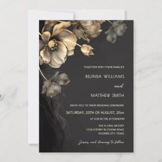 Convites Gold 3 D Flowers Black Wedding Invitation