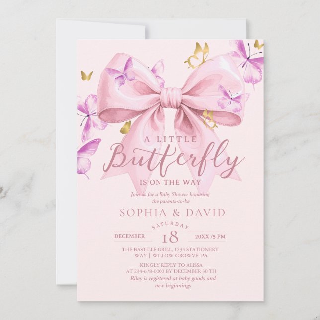 Convites Gold A Little Butterfly  Pink Bow Baby Shower  (Frente)