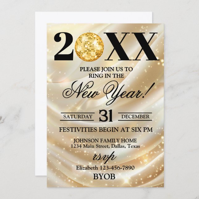 Convites Gold and Black 2026 New Years Eve Party Invitation (Frente/Verso)