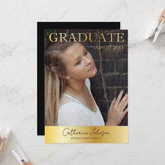 Convites Gold and Black Minimalist Photo Graduation