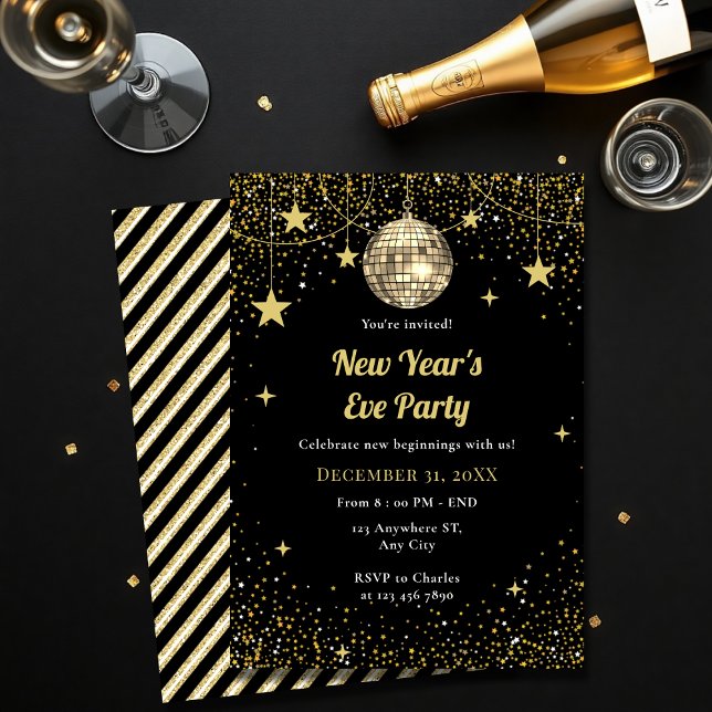 Convites Gold and Black Stars Confetti New Year's Eve Party (Criador carregado)