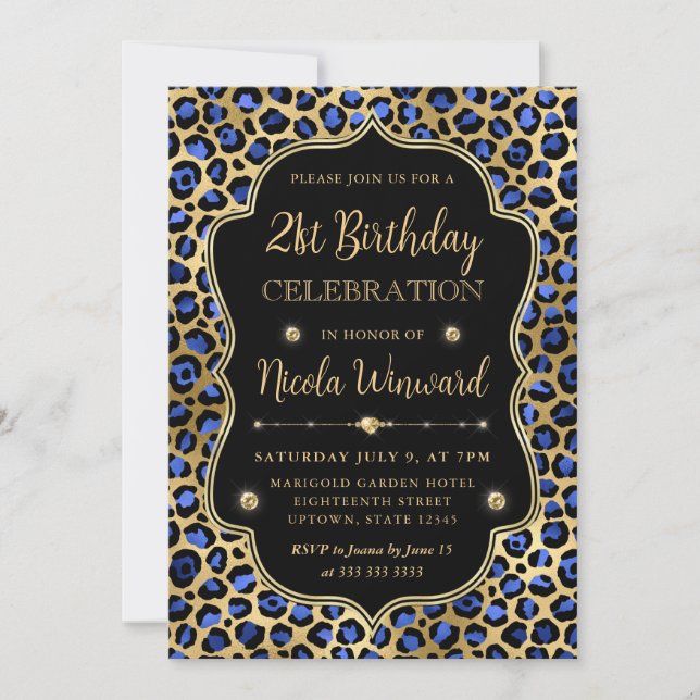 Convites Gold and Blue Leopard Print Birthday Party (Frente)