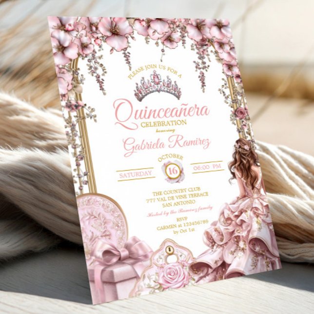 Convites Gold and Blush Pink Tiara Floral Quinceañera (Criador carregado)