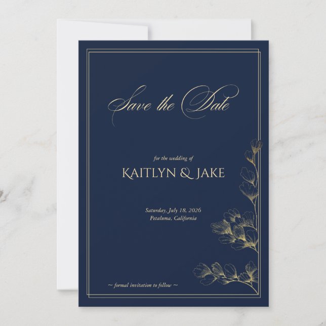 Convites Gold and Navy Save the Date Card (Frente)