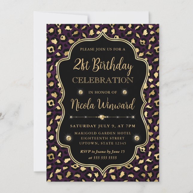 Convites Gold and Purple Leopard Print Birthday Party (Frente)