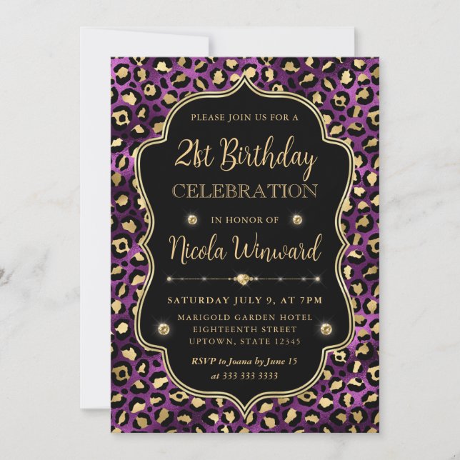 Convites Gold and Purple Leopard Print Birthday Party (Frente)