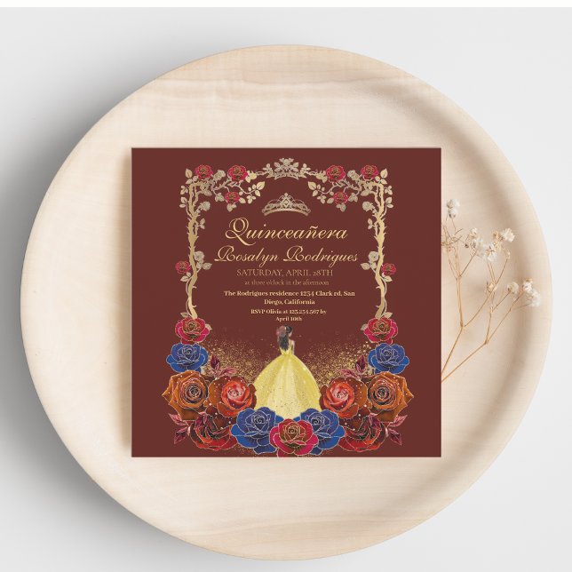 Convites Gold and Red Burgundy Luxury Quinceanera  (Criador carregado)