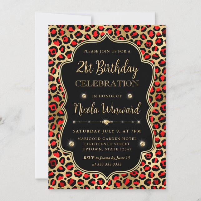Convites Gold and Red Leopard Print Birthday Party (Frente)