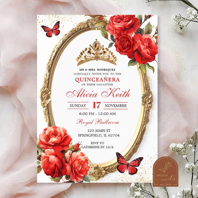 Convites Gold and Red Roses Gold Quinceanera Invitation (Criador carregado)