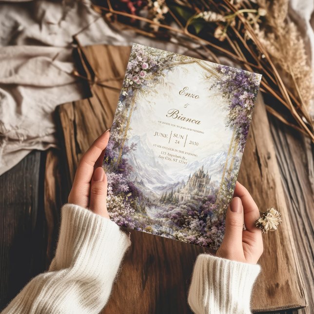 Convites Gold Arch Pink and Purple Floral Castle Wedding (Criador carregado)