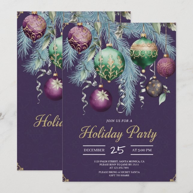 Convites Gold Baubles Christmas Tree Party Invitation (Frente/Verso)