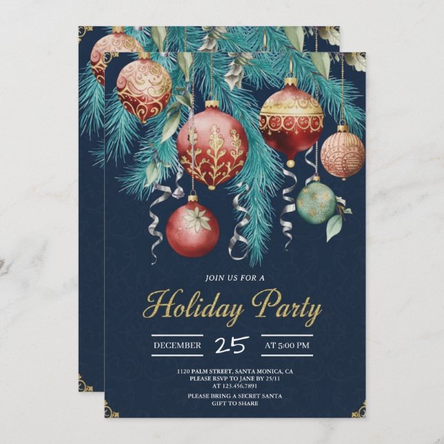 Convites Gold Baubles Christmas Tree Party Invitation (Frente/Verso)