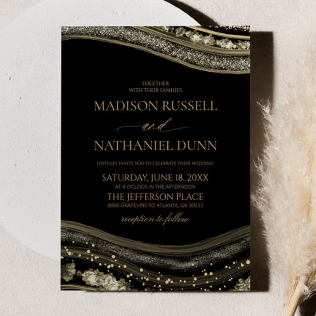 Convites Gold Black Agate Elegant Wedding (Criador carregado)