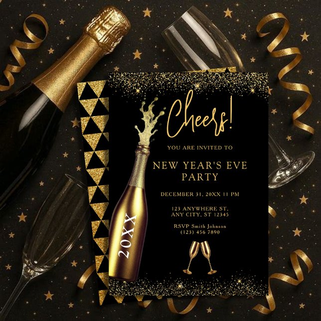 Convites Gold & Black Champagne Bottle New Year's Eve Party (Criador carregado)