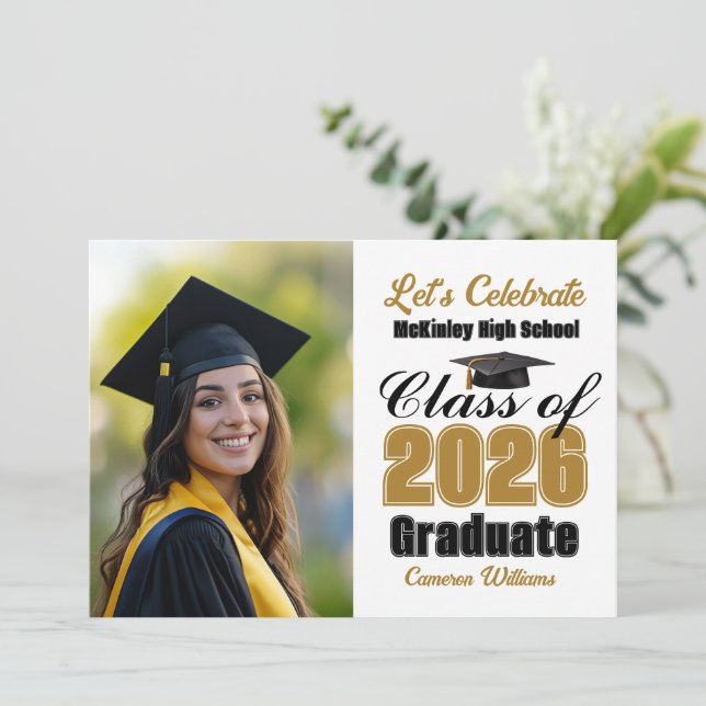 Convites Gold Black Class of 2026 Photo Graduation Party (Em pé/Frente)