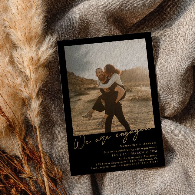Convites Gold Black minimalist 2 photos engagement party (Gold Black minimalist 2 photos engagement party Invitation)