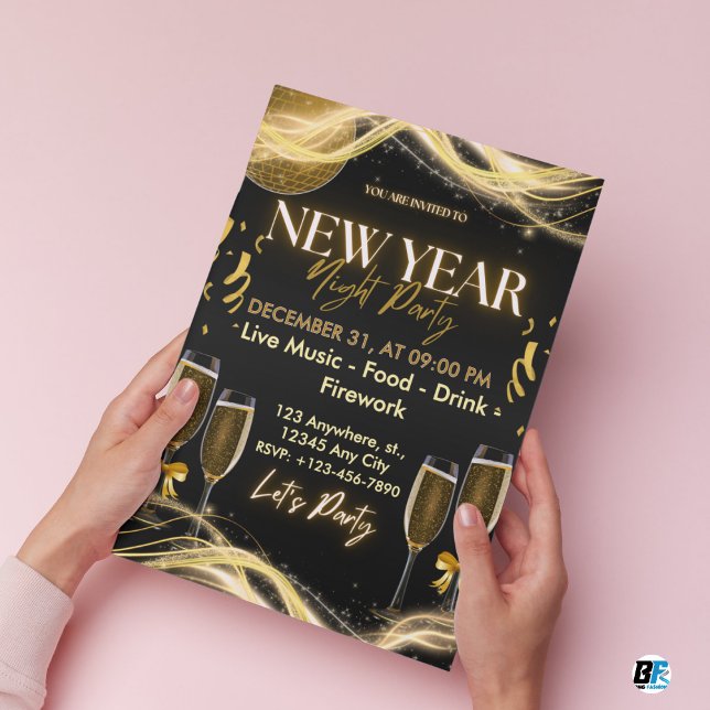 Convites Gold & Black Modern  New Year Night Party (New Year Party Invitation)