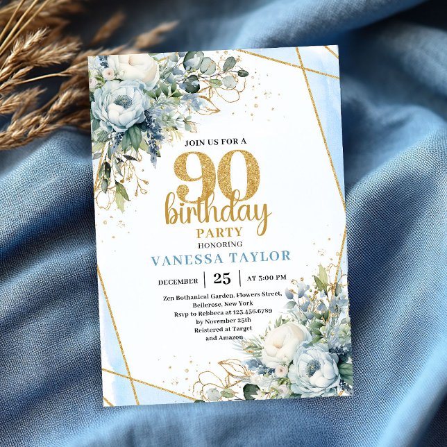 Convites Gold Blue Watercolor Elegant 90th Birthday Invite (Gold Blue Watercolor Elegant 90th Birthday Invite)