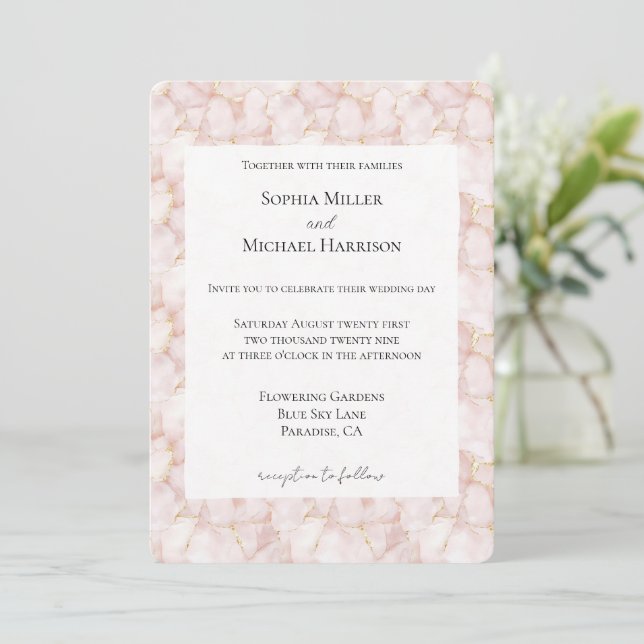 Convites Gold Blush Pink Rose Petals Floral Wedding (Em pé/Frente)