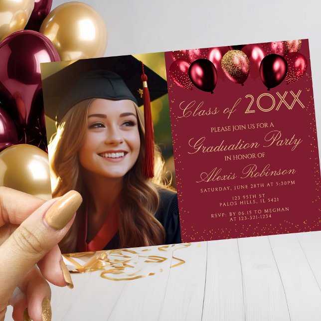 Convites Gold Burgundy Balloons Graduation Party Photo (Criador carregado)
