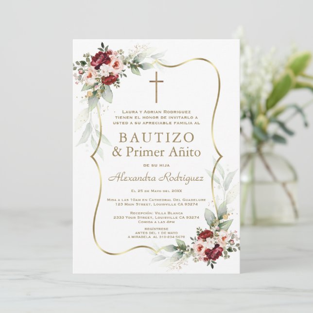Convites Gold Burgundy Peach Flowers 1st Birthday Baptism  (Em pé/Frente)