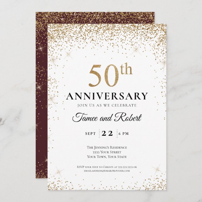 Convites Gold Burgundy White 50th Wedding Anniversary  (Frente/Verso)