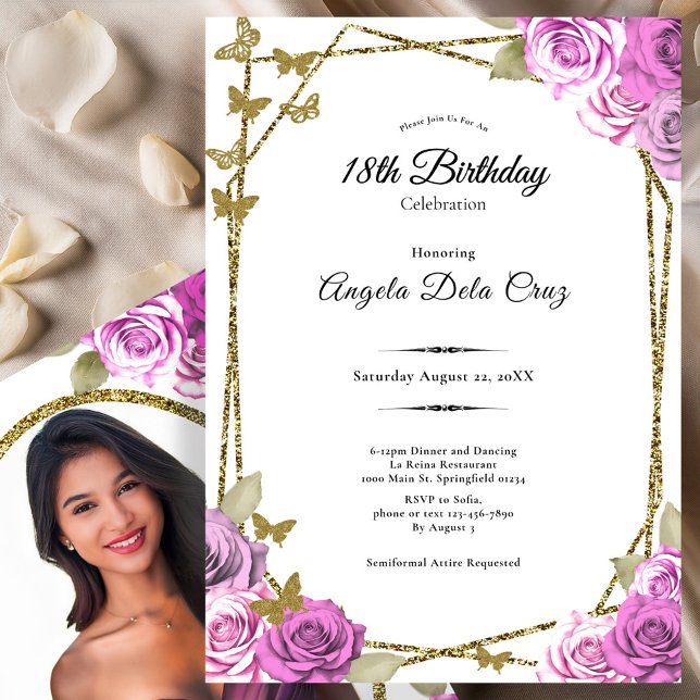 Convites Gold Butterflies Pink Roses 18th Debut Birthday (Criador carregado)