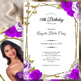 Convites Gold Butterflies Purple Roses 18th Debut Birthday