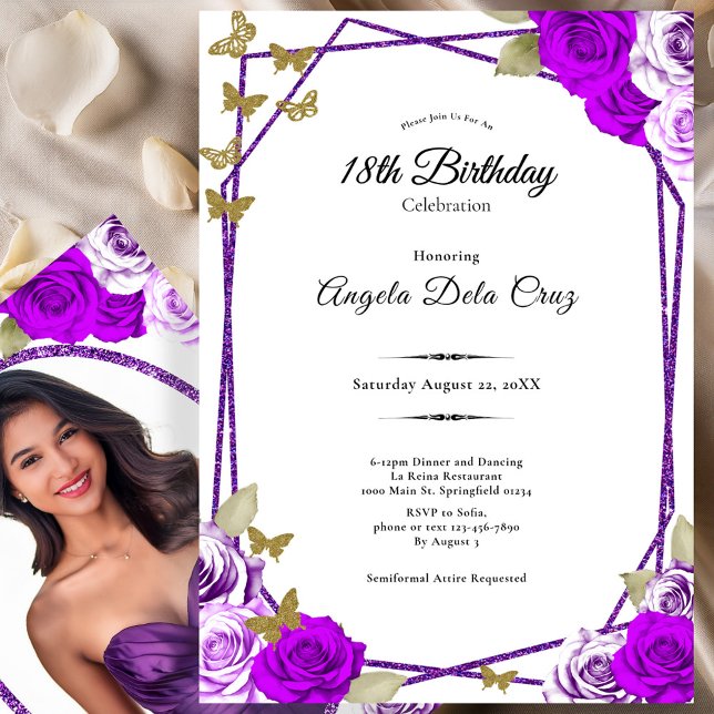 Convites Gold Butterflies Purple Roses 18th Debut Birthday (Criador carregado)