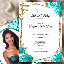 Convites Gold Butterflies Teal Roses 18th Debut Birthday