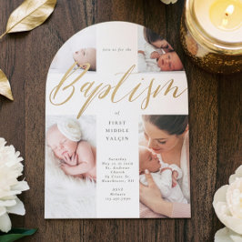 Convites Gold Calligraphy Photo Collage Baby Baptism Cross