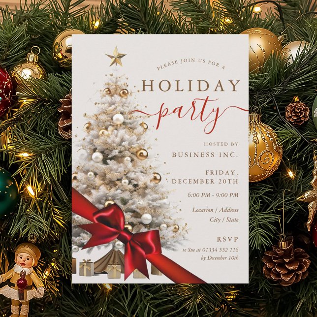 Convites Gold Christmas Tree Red Bow Corporate Holiday  (Gold Christmas Tree Red Bow Corporate Holiday Invitation)