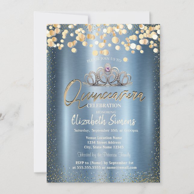 Convites Gold Confetti Dots,Tiara Blue Metallic Quinceañera (Frente)