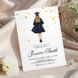 Convites Gold Confetti Girl Illustration Grad Invite<br><div class="desc">Celebrate her graduation with this "Gold Confetti & Grad Girl" invitation. Featuring a chic illustration of a graduate in a black gown surrounded by falling gold glitter confetti. This elegant and festive design with sophisticated script is perfect for the Class of 2026. Ideal for high school or college graduation parties...</div>