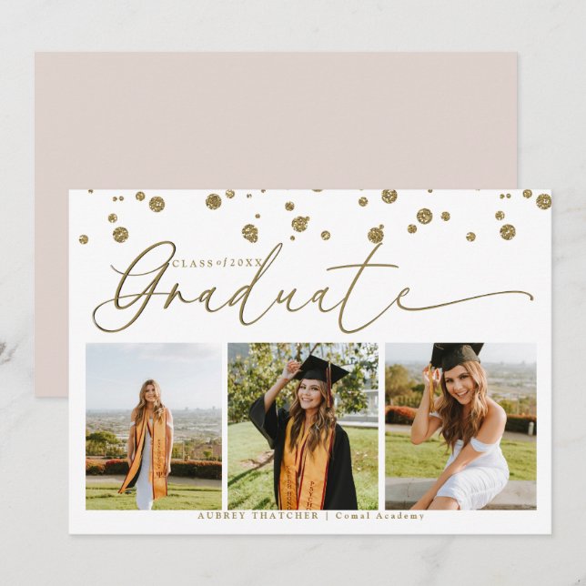 Convites Gold Confetti |  Photo Collage Graduation  (Frente/Verso)