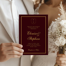 Convites Gold Crest Monogram Burgundy All in One Wedding