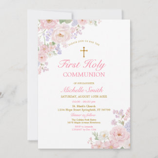 Convites Gold Cross Girl’s Communion Elegant Watercolor