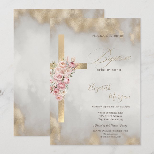 Convites  Gold Cross Pink Flowers Baptism Glitter Gold (Frente/Verso)
