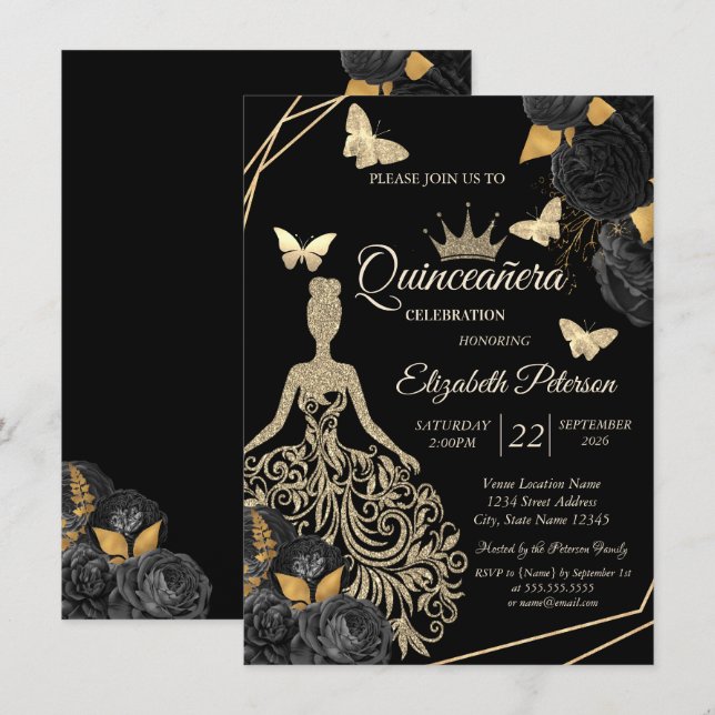 Convites Gold Dress,Butterfly Black Roses Quinceañera (Frente/Verso)