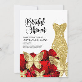 Convites Gold Dress Red Rose Floral Bridal Shower 