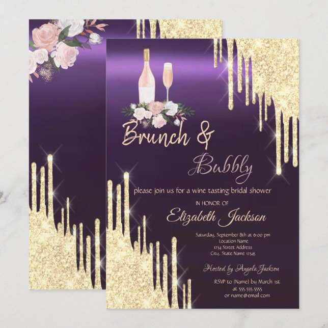 Convites Gold Drips Brunch & Bubbly Chuveiro de Noiva Roxo (Frente/Verso)