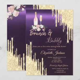 Convites Gold Drips Brunch & Bubbly Chuveiro de Noiva Roxo