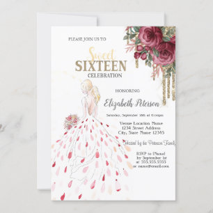 Convites Gold Drips,Vestido,Aquarela Rosas Sweet 16