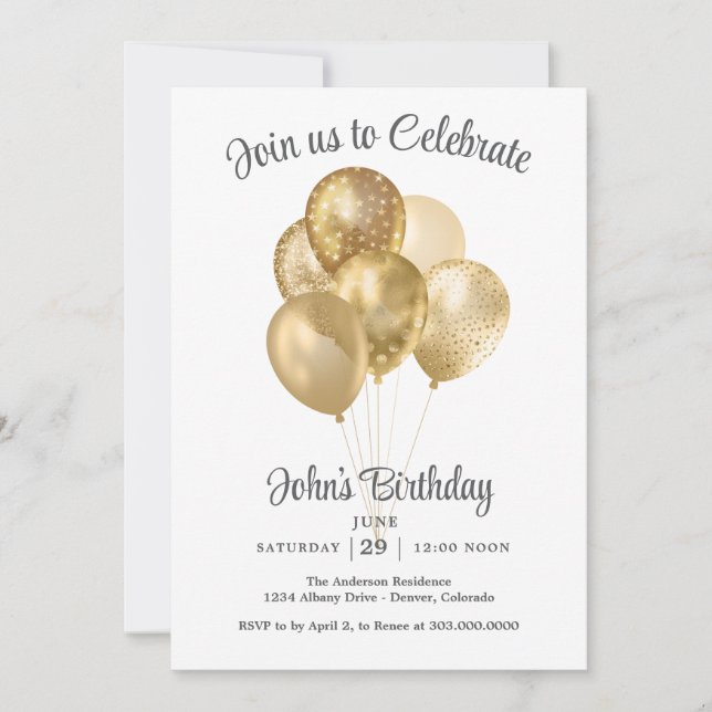 Convites Gold Faux Glitter Balloon Birthday Party (Frente)
