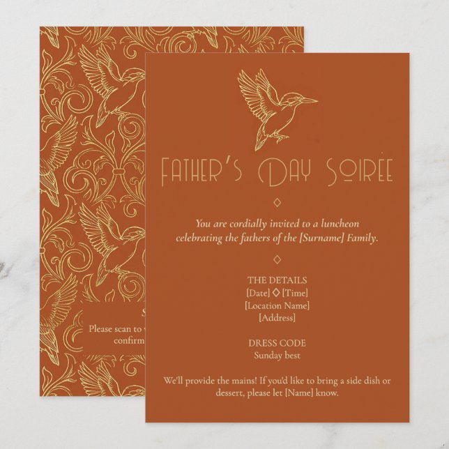 Convites Gold Filigree Art Deco | Kingfisher Father's Day (Frente/Verso)