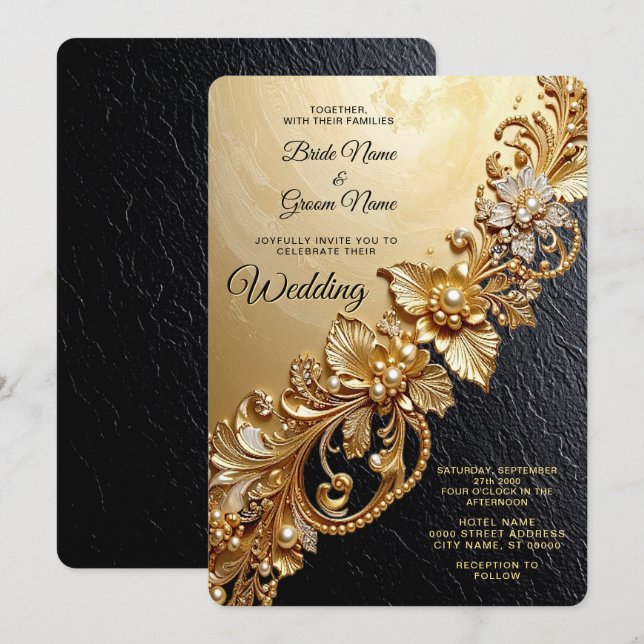 Convites Gold Floral Embellishments Wedding Invitation (Frente/Verso)