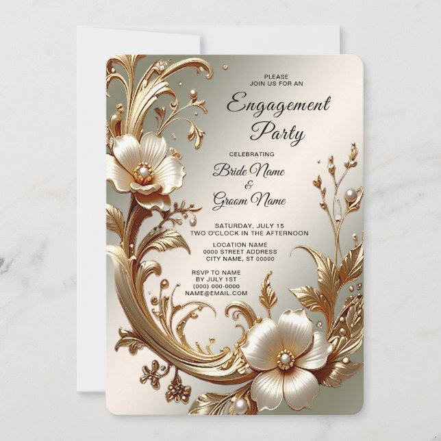 Convites Gold Floral Engagement Invitation (Frente)